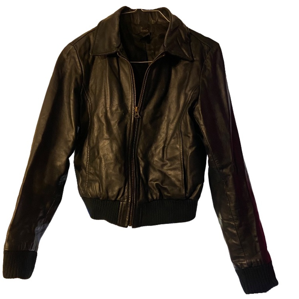 Frenchi black leather full zip bomber jacket size XS